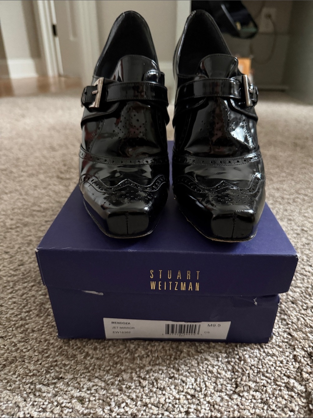 Stuart Weitzman Black Patent Leather High Heel Buckle Brogue Booties
